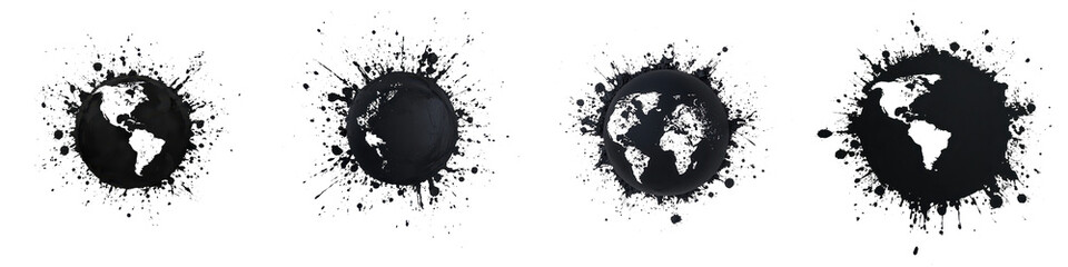 Minimalist monochrome splash of black ink globes or planet earth with abstract graphic textures and patterns  Conceptual digital art design background