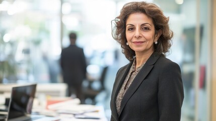 Obraz premium A mature Middle Eastern woman in her 50s stands confidently in a stylish office setting, showcasing professionalism and elegance with a warm expression.
