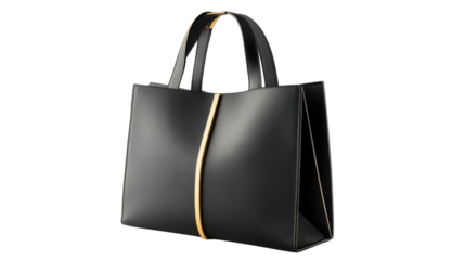 A sleek black leather handbag with gold accents, placed on a white background. The bag has a modern, minimalist design with a structured shape.