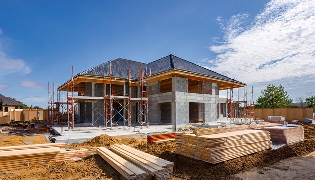 Construction Site: Capturing the essence of progress, this image showcases a modern house under construction, a symphony of raw materials and the promise of a new home against a vibrant blue sky.