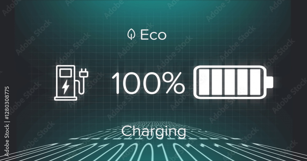 Wall mural image of battery charging with growing number over data processing on black background