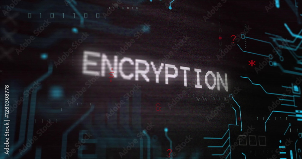 Poster image of encryption text over network and processing data on black background