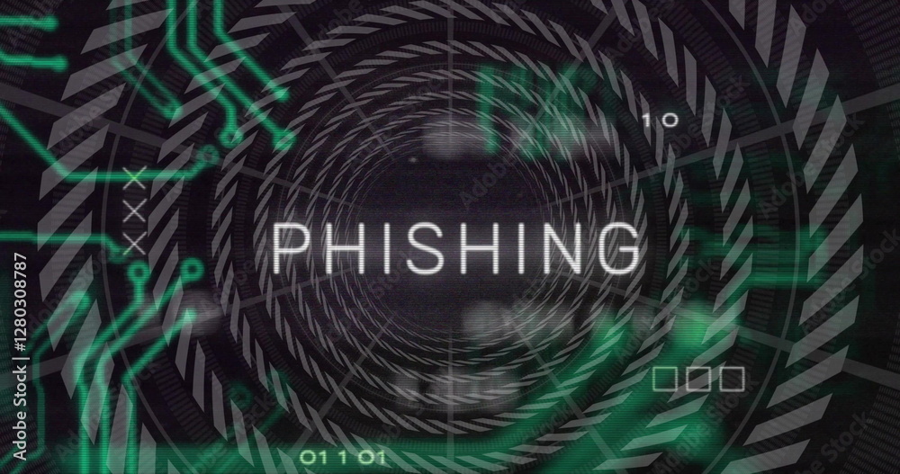 Poster image of phishing text over network and processing data on black background