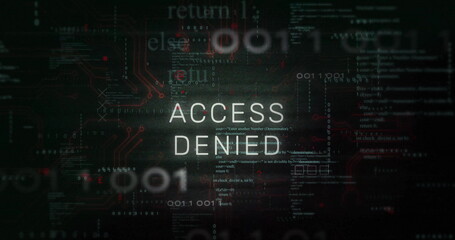 Image of access denied text over processing data and charts on interface
