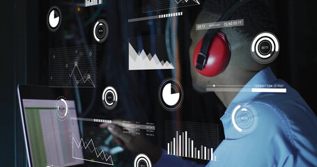 Image of data processing and diagrams over african american male worker in server room