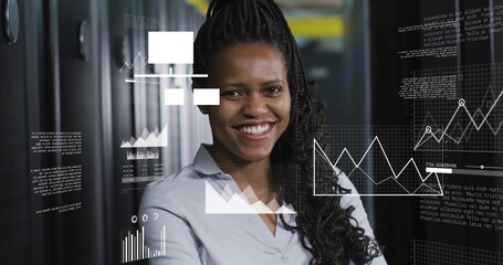 Image of data processing and diagrams over african american female worker in server room