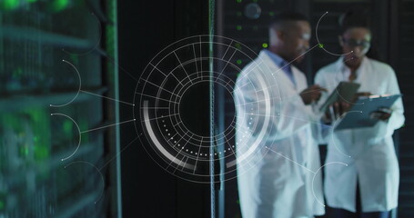 Image of scope scanning over african american workers in server room