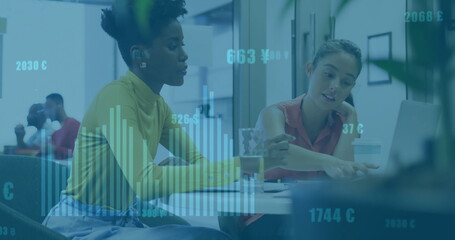 Image of diagrams and data processing over diverse female colleagues talking in office