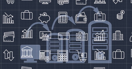 Image of business icons over servers on black background