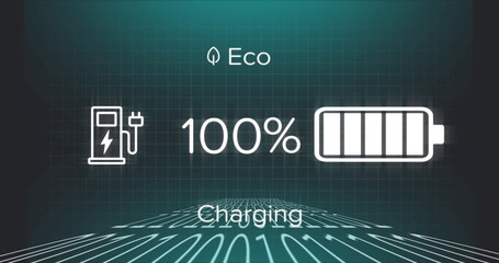 Image of battery charging with growing number over data processing on black background