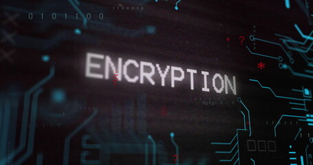 Image of encryption text over network and processing data on black background