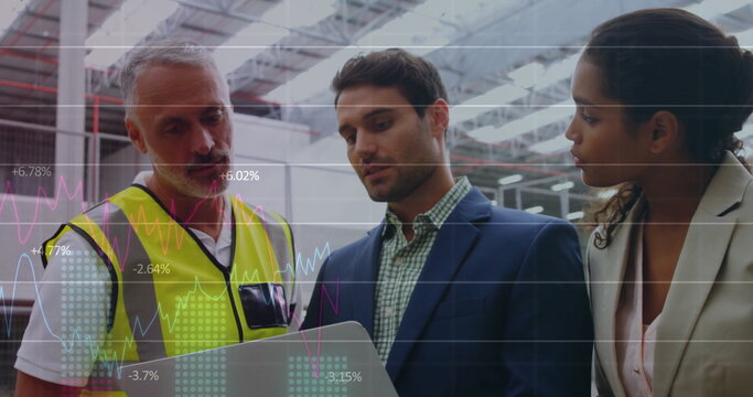 Image of data processing over diverse colleagues using tablet