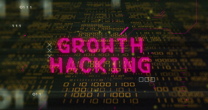 Image of growth hacking text over network and processing data on black background