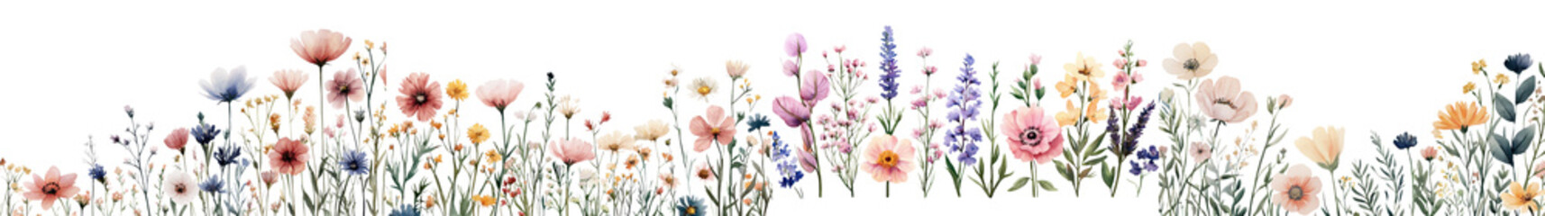 Fototapeta premium Lush vibrant blooming field of colorful wildflowers plants and botanicals in a natural summer garden scene Organic floral background with fresh greenery petals and foliage