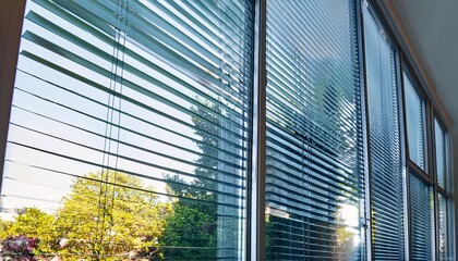 Sunlit Office Window View: Capturing a stunning perspective through modern office windows, revealing the intricate details of the blinds and an inviting view of the outdoors.