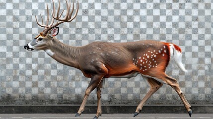 Deer walking on checkered wall background.  Possible stock photo use