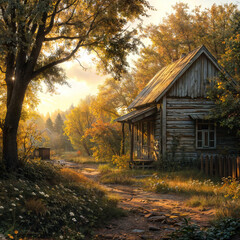 The image depicts a serene rural scene with a rustic wooden house surrounded by autumn foliage and a winding dirt path leading up to it. The warm sunlight filters through the trees