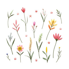 Different pattern doodles of grass and flower, isolated on transparent, cutout