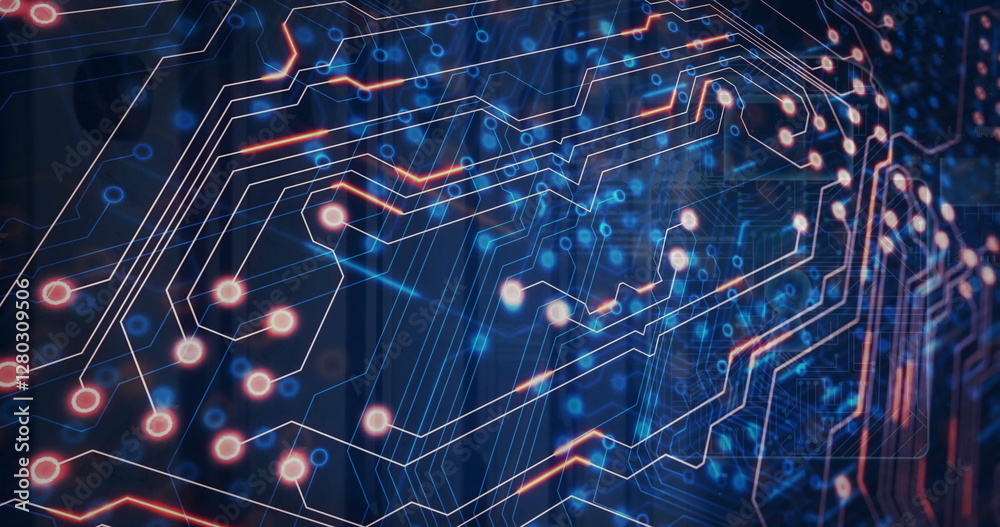 Poster image of circuit board and digital data processing over computer servers
