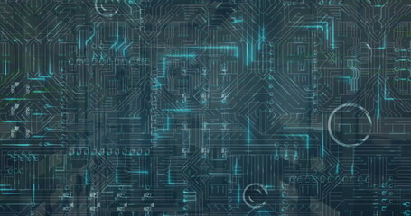 Image of circuit board and digital data processing over computer servers