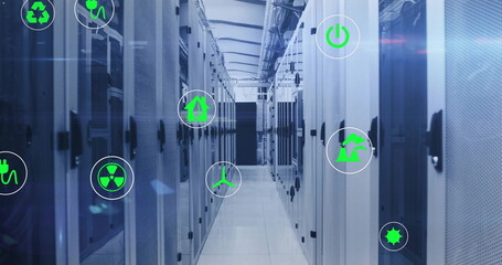 Image of processing data, green ecology and energy icons over computer server room