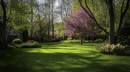 Obraz premium Springtime view of a home exterior featuring lush green grass, blooming trees, and flowering bushes under natural ambient light with a clean and simple composition