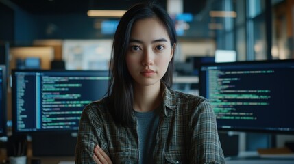 A young female software developer stands confidently in a modern workspace, surrounded by computer screens displaying code. She embodies focus and professionalism in the tech industry.