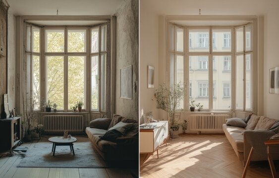 Apartment living room before and after renovation