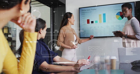 Image of data processing and diagrams over diverse colleagues discussing work