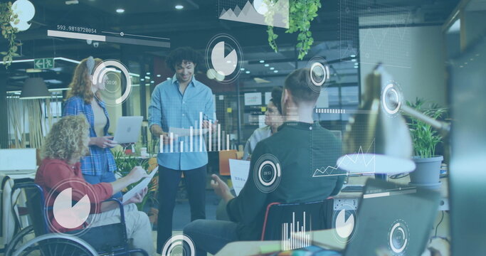 Image of data processing and diagrams over disabled and diverse colleagues discussing work