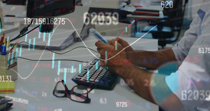 Image of charts and processing data over biracial businessman at office using smartphone