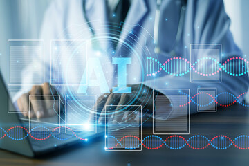 Doctor using AI technology to create a medical document, improving accuracy, reducing errors, and...