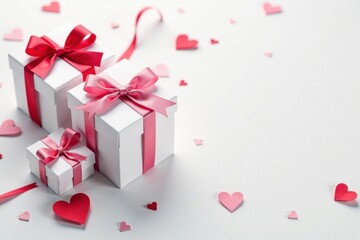 White gift boxes, hearts, ribbons, confetti on white background, valentines day, hearts