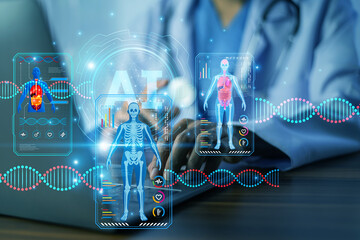 Doctor using AI technology to analyze patient health data, enabling faster diagnosis, personalized treatment plans, and improved healthcare outcomes