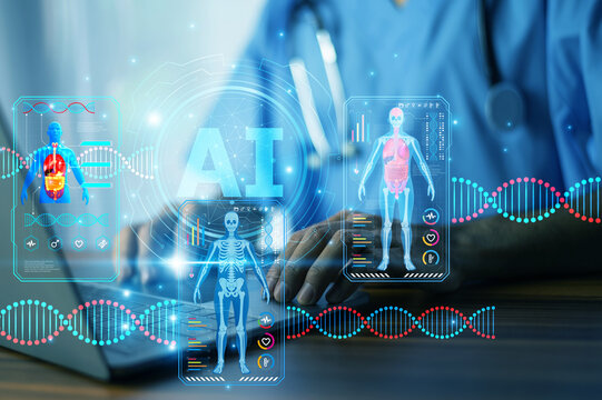 Doctor using AI technology to analyze patient health data, enabling faster diagnosis, personalized treatment plans, and improved healthcare outcomes