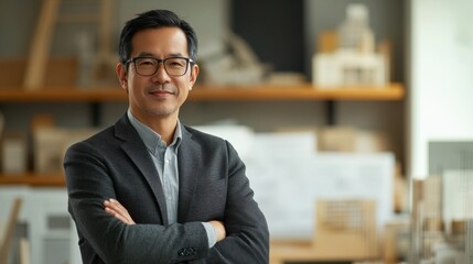 Fototapeta premium A confident middle-aged Asian male architect stands proudly in his modern workspace, showcasing his expertise and passion for design and architecture.