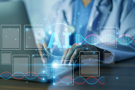 Doctor using AI technology to create a medical document, improving accuracy, reducing errors, and streamlining patient record management