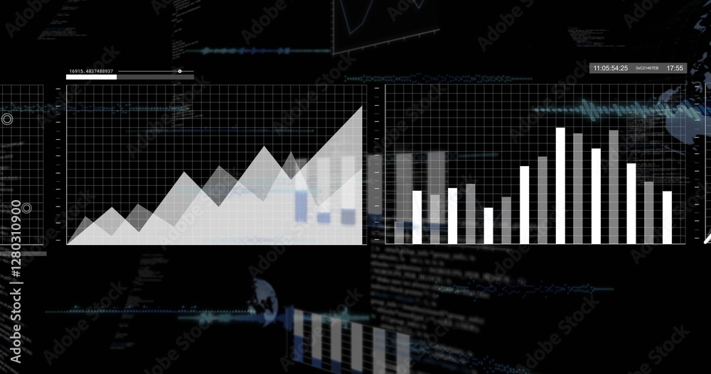 Wall mural image of digital data processing on black background