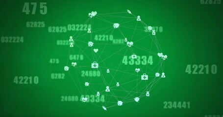 Image of data processing and network of connections with icons over green background