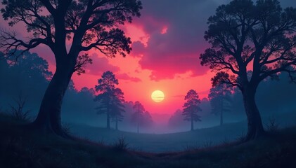 Naklejka premium Misty forest, skeletal trees claw at twilight sky, autumn, sun