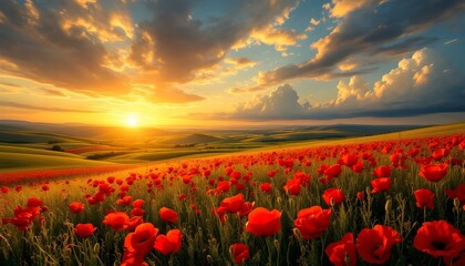Fototapeta premium Vibrant red poppy field, Rolling hills landscape, Golden sunset