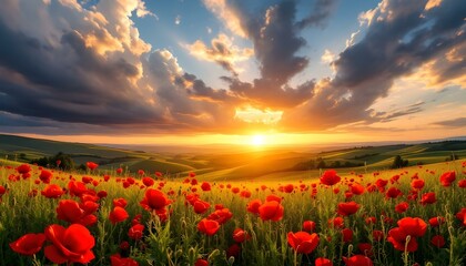 Vibrant red poppy field, Rolling hills landscape, Golden sunset