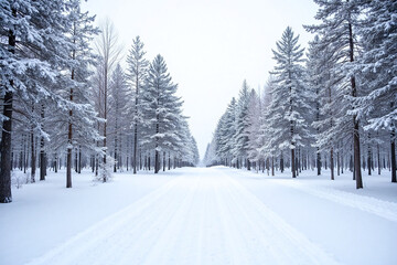 Obraz premium Snow-covered forest with pine trees and winding path