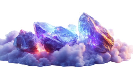 Digital rocks emitting light energy glowing minerals floating ethereal clouds on the white background