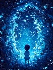 Children and marine creatures in underwater tunnels