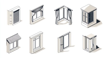 Isometric window styles; blinds, curtains, shades; home interior design; architectural illustration