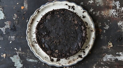 Dark Chocolate Cake on Plate, Rustic Table