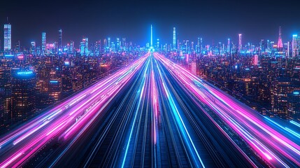Futuristic neon city lights trails and cityscape glow illuminating the bustling metropolis night skyline urban exploration concept