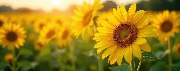 Obraz premium Golden sunflowers in full bloom, vibrant field , day, happy, close-up