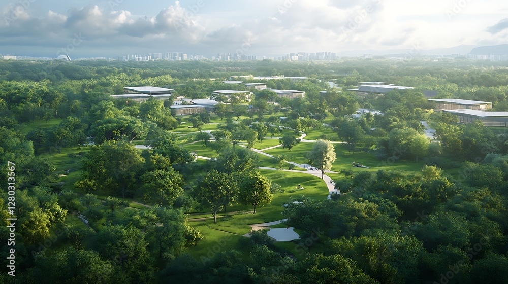 Poster sustainable corporate park image featuring greenery and modern design in a tranquil setting.